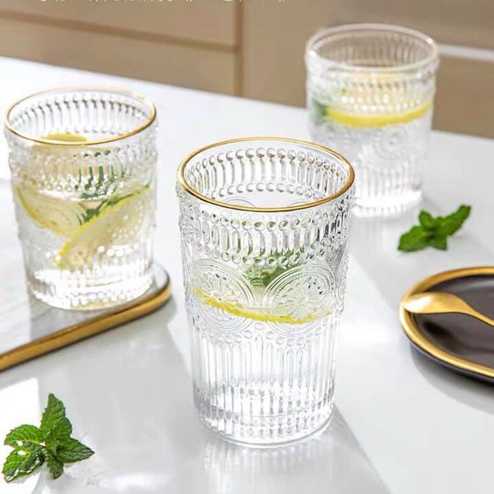 Bộ 6 cốc thuỷ tinh vintage, viền vàng, chịu nhiệt