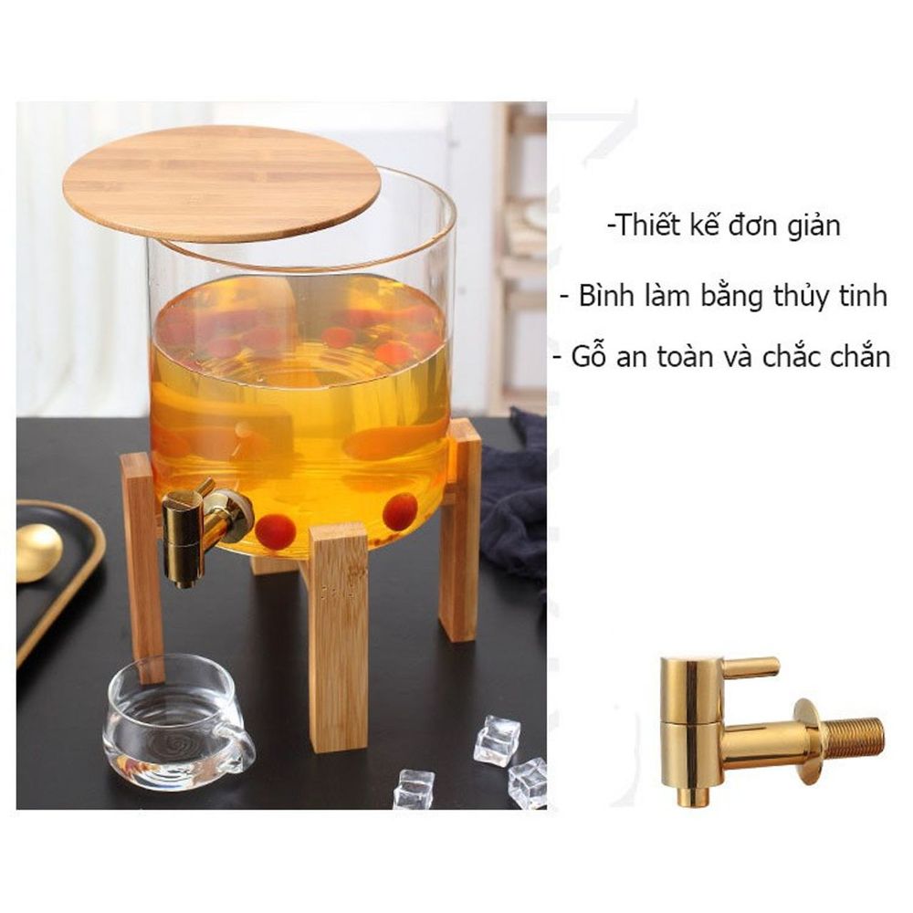 Bình Thủy Tinh Đựng Nước Sôi Nắp Gỗ Có Vòi Rót Kèm Kệ Gỗ