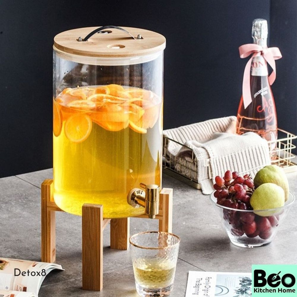 Bình Thủy Tinh Đựng Nước Sôi Nắp Gỗ Có Vòi Rót Kèm Kệ Gỗ