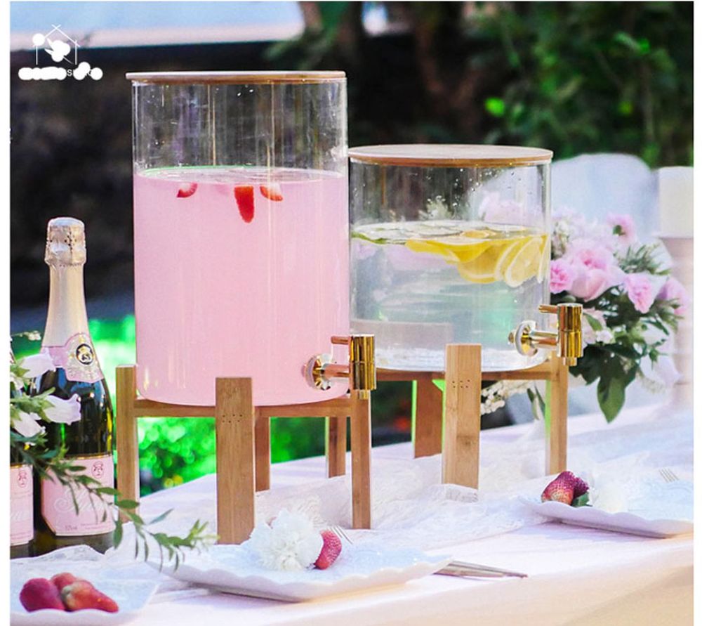 Bình Thủy Tinh Đựng Nước Sôi Nắp Gỗ Có Vòi Rót Kèm Kệ Gỗ