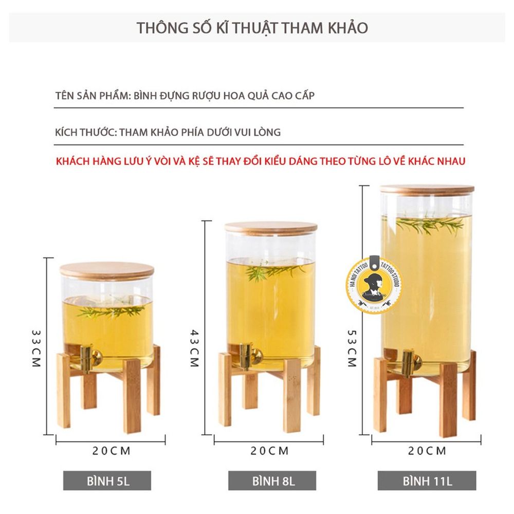 Bình Thủy Tinh Đựng Nước Sôi Nắp Gỗ Có Vòi Rót Kèm Kệ Gỗ