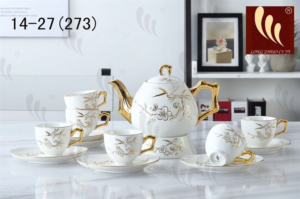 Bộ ấm chén sứ cao cấp hoa tiết cây trúc , hoa