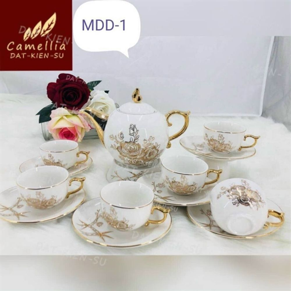 Bộ ấm chén sứ cao cấp hoa tiết cây trúc , hoa