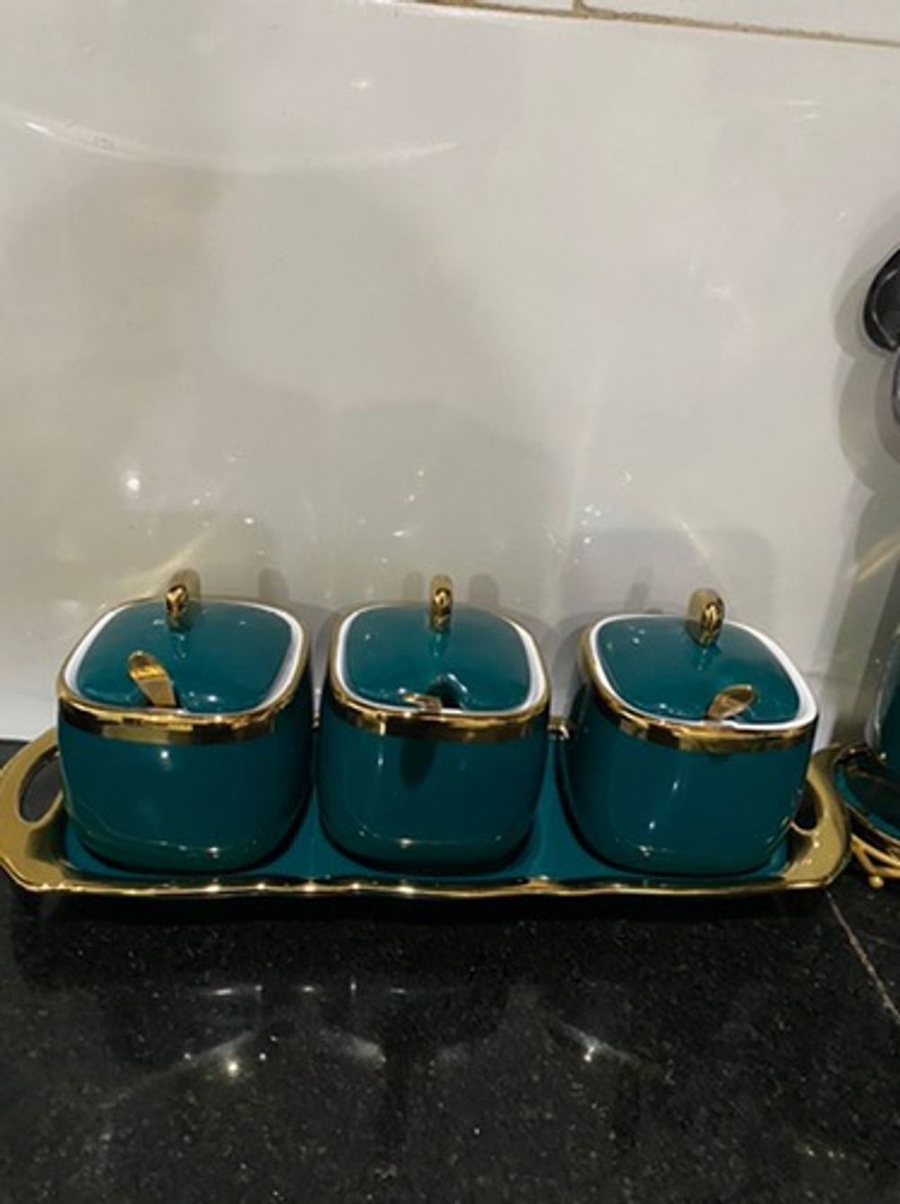 Bộ Bộ 3 Hũ Đựng Gia Vị Sứ Màu Xanh Trắng Tráng Men Cao Cấp