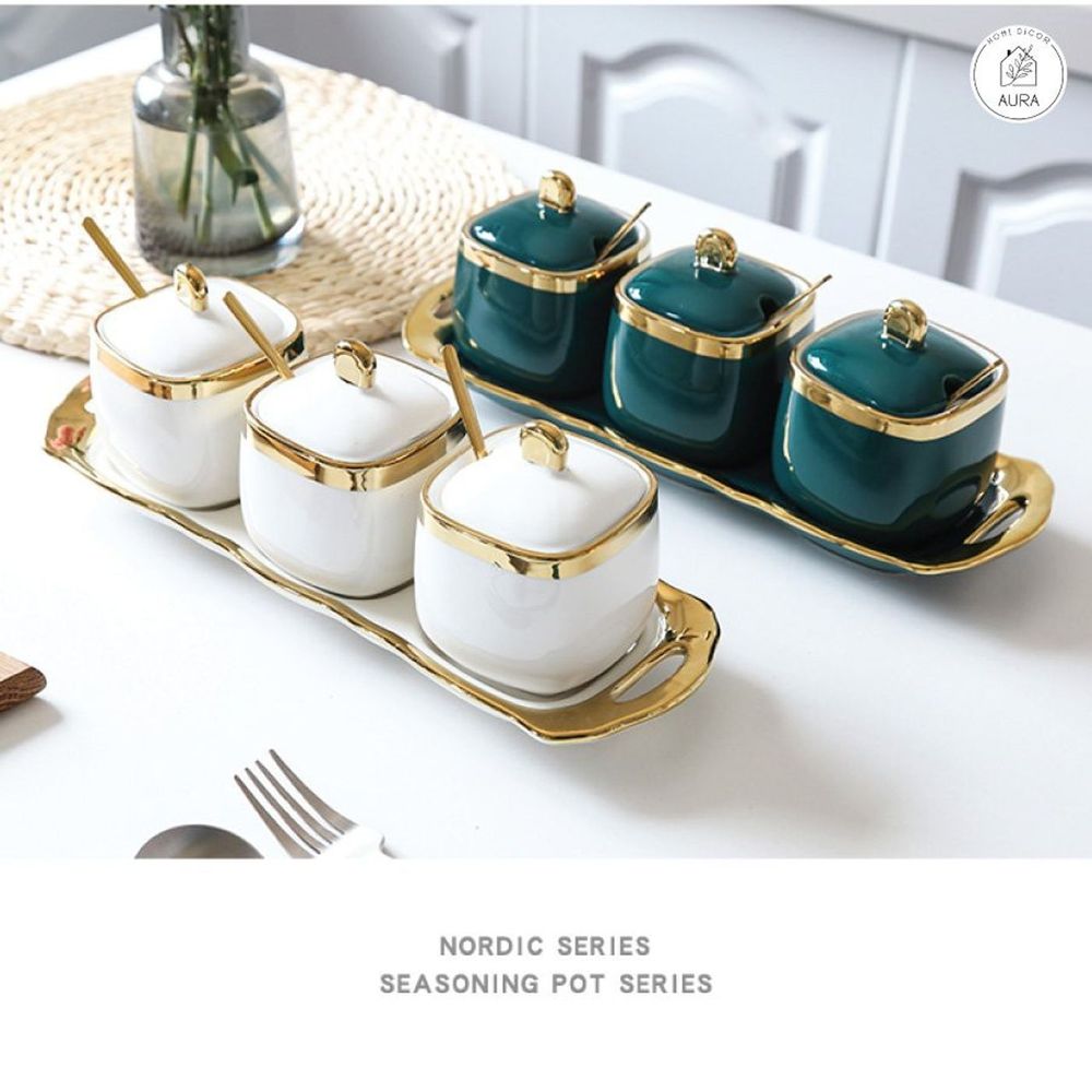 Bộ Bộ 3 Hũ Đựng Gia Vị Sứ Màu Xanh Trắng Tráng Men Cao Cấp