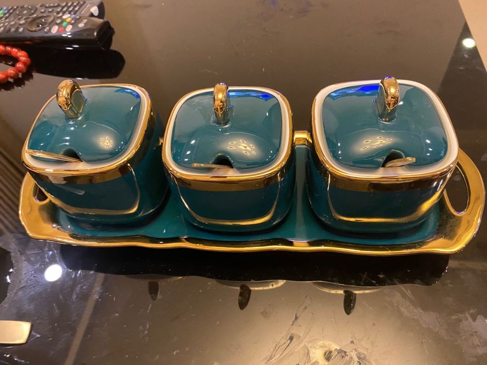 Bộ Bộ 3 Hũ Đựng Gia Vị Sứ Màu Xanh Trắng Tráng Men Cao Cấp