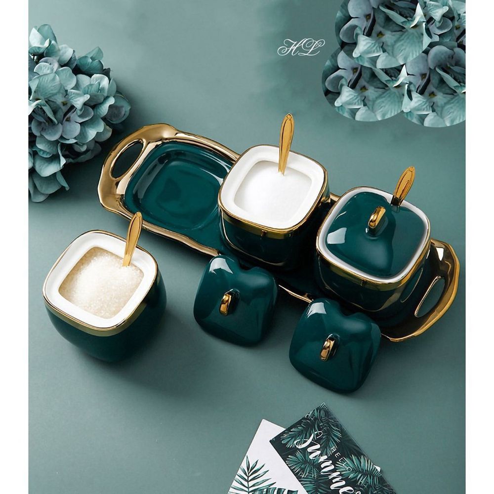 Bộ Bộ 3 Hũ Đựng Gia Vị Sứ Màu Xanh Trắng Tráng Men Cao Cấp