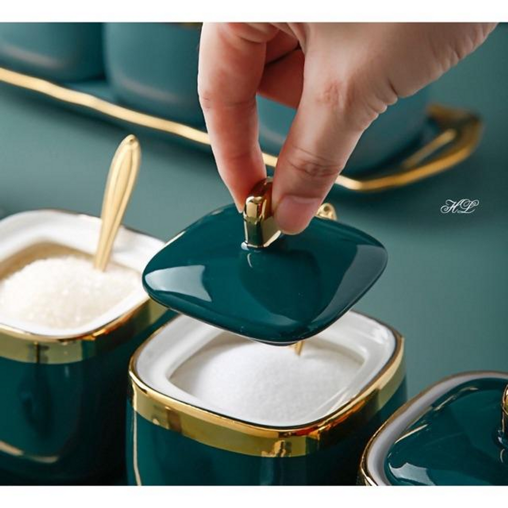 Bộ Bộ 3 Hũ Đựng Gia Vị Sứ Màu Xanh Trắng Tráng Men Cao Cấp