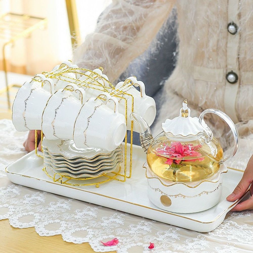 Bộ ấm trà cafe kèm đế đun nến bằng gốm sứ cao cấp phong cách Châu Âu