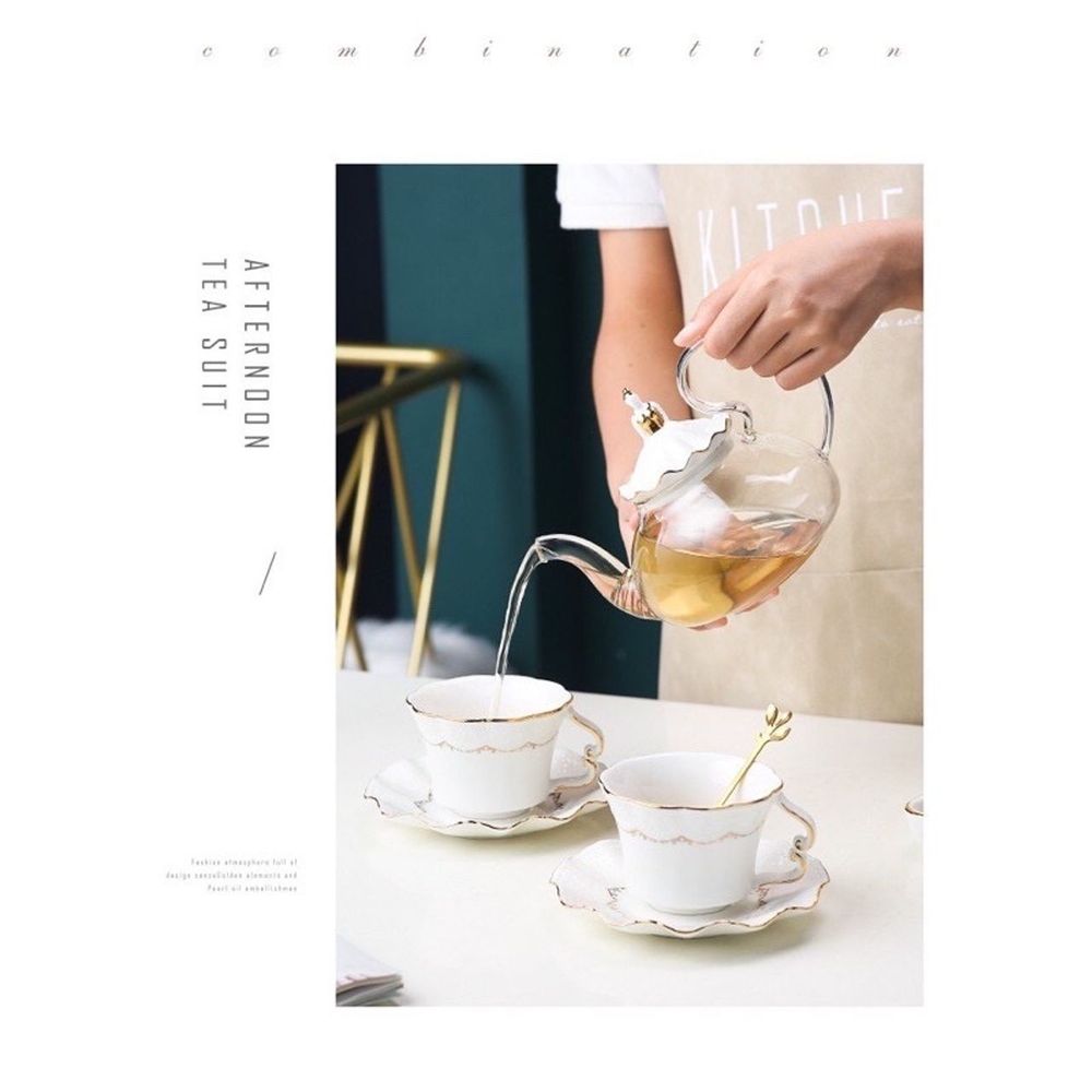 Bộ ấm trà cafe kèm đế đun nến bằng gốm sứ cao cấp phong cách Châu Âu