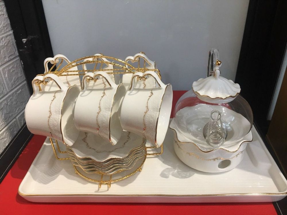 Bộ ấm trà cafe kèm đế đun nến bằng gốm sứ cao cấp phong cách Châu Âu