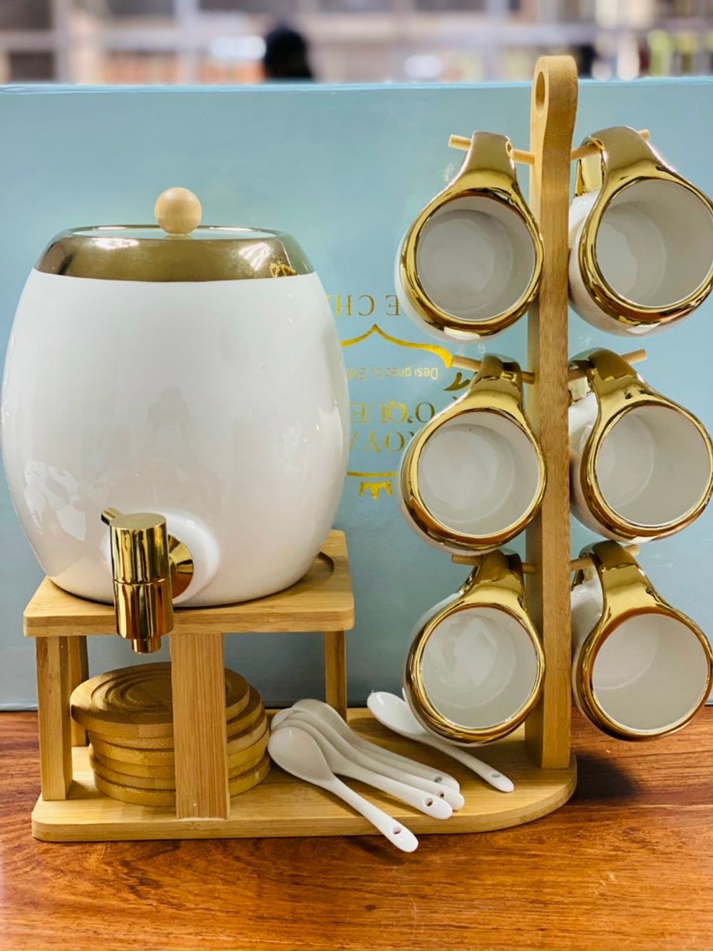 (Hàng có sẵn) Bộ ấm chum cốc sứ kèm khay gỗ treo phong cách Bắc Âu 20 món