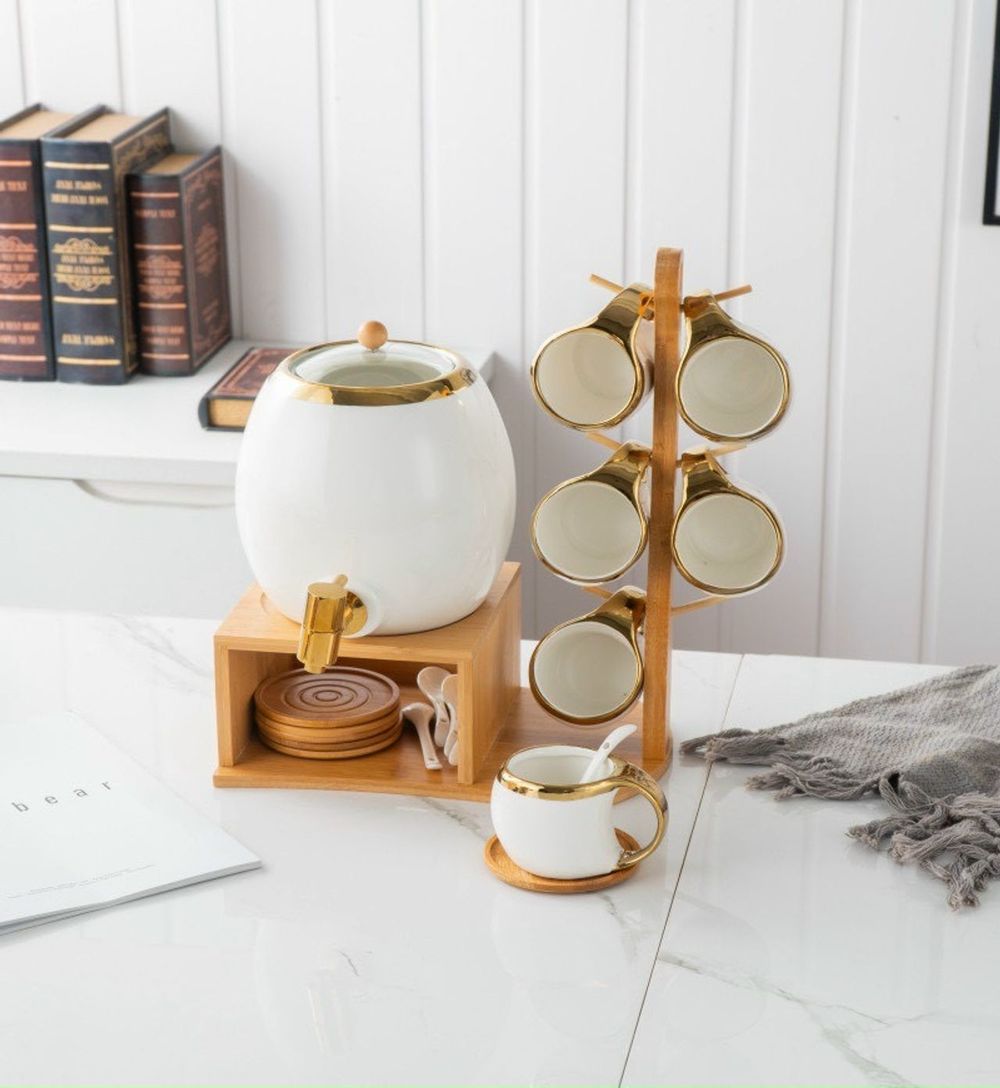 (Hàng có sẵn) Bộ ấm chum cốc sứ kèm khay gỗ treo phong cách Bắc Âu 20 món