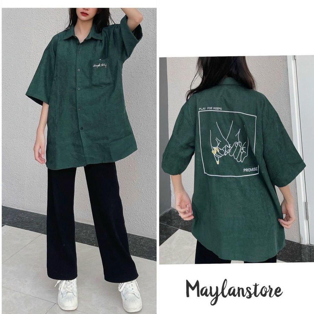 Áo sơ mi tay ngắn chất da lộn min form dưới 65kg,logo thêu trước sau