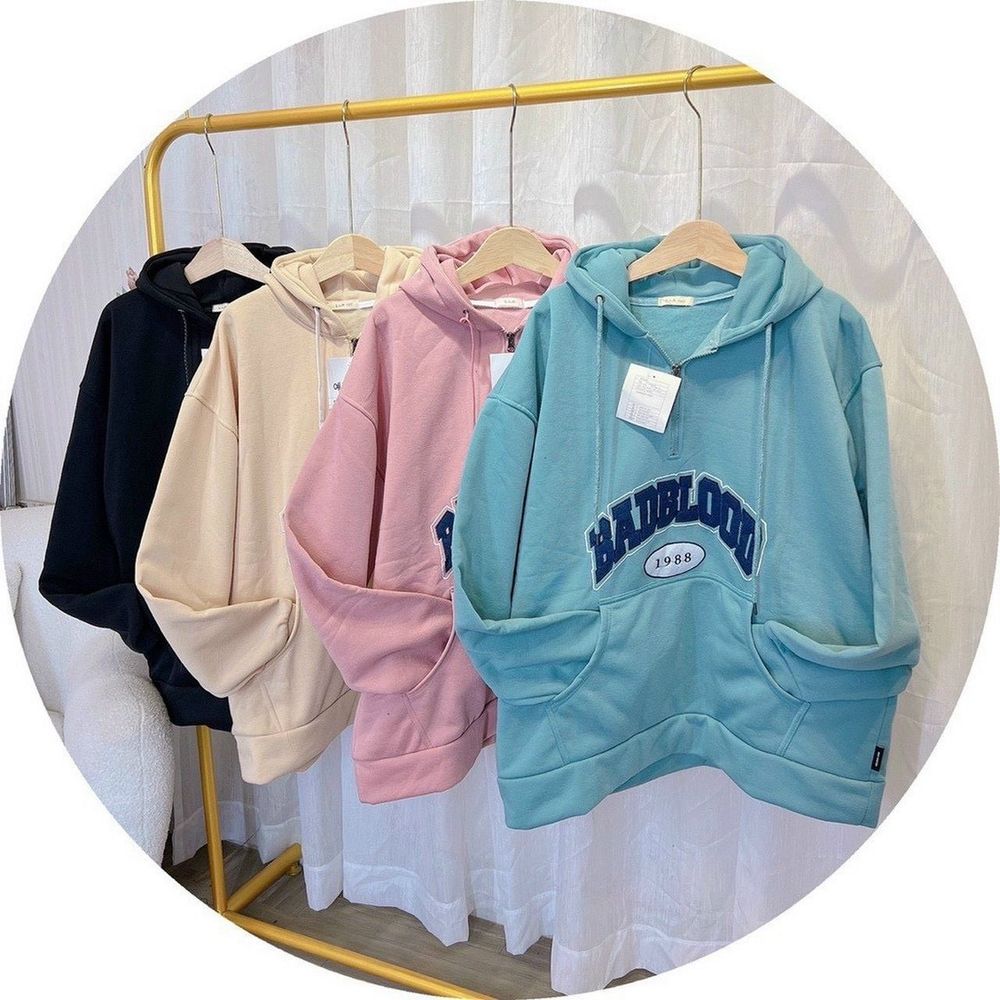 Áo khoác nỉ form 90kg dây kéo giữa cổ logo thêu, dây kéo phao