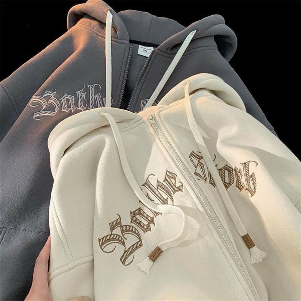 Áo khoác dây kéo phao logo thêu form dài rộng nón 2 nón dây nón có tép da