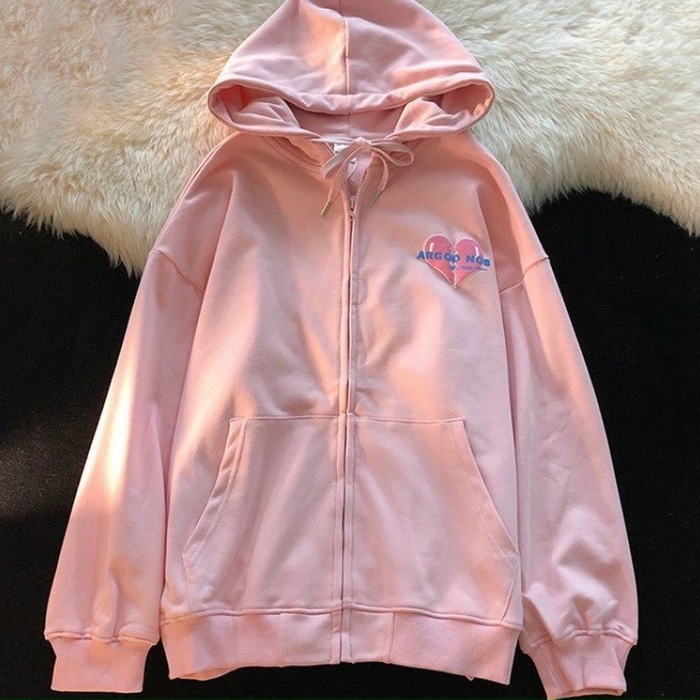 Áo khoác dây kéo phao logo in nổi tim chia đôi form đẹp