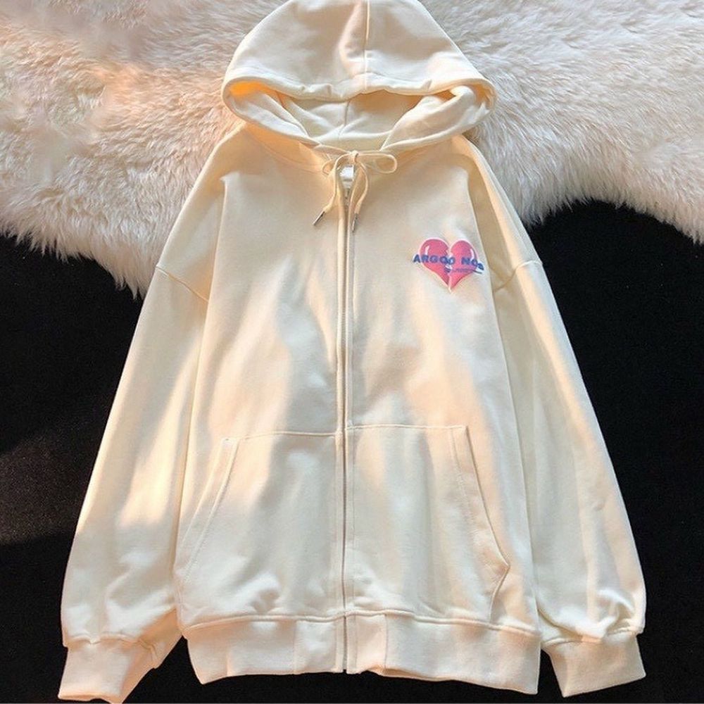 Áo khoác dây kéo phao logo in nổi tim chia đôi form đẹp