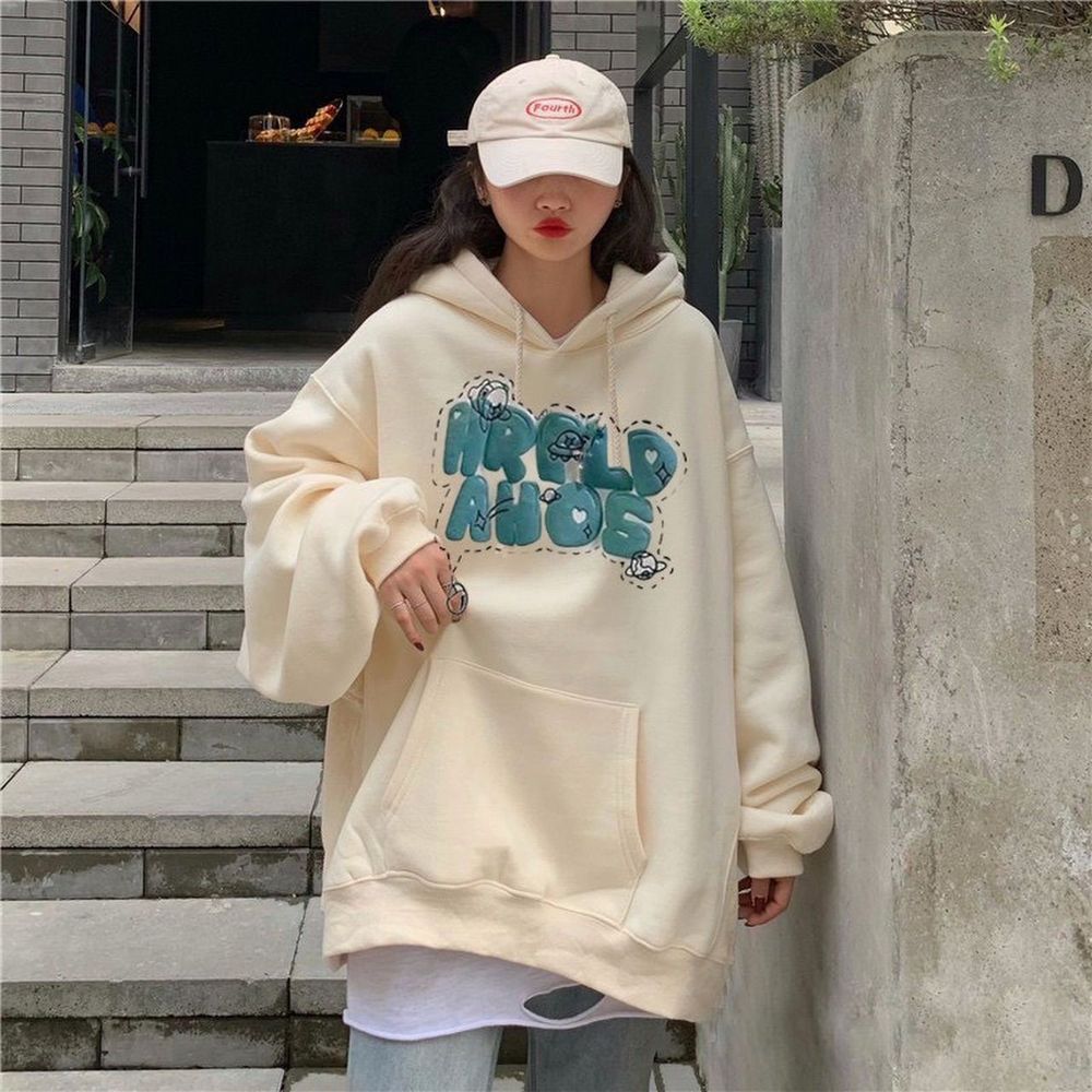 Áo Hoodie Nữ In Chữ Nổi HRPLD Form Rộng Nam nữ mặc