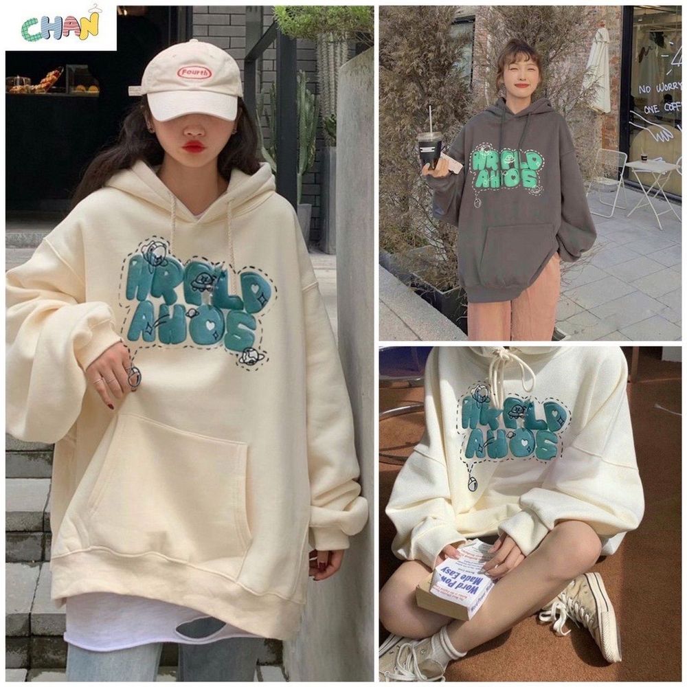 Áo Hoodie Nữ In Chữ Nổi HRPLD Form Rộng Nam nữ mặc