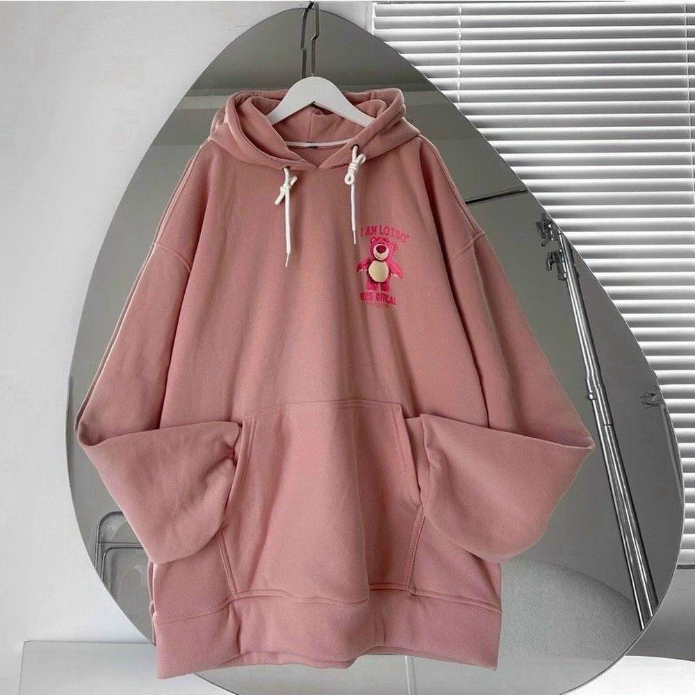 Áo hoodie form rộng hình Gấu Losto Hồng cực xinh chất nỉ bông dày dặn mịn.