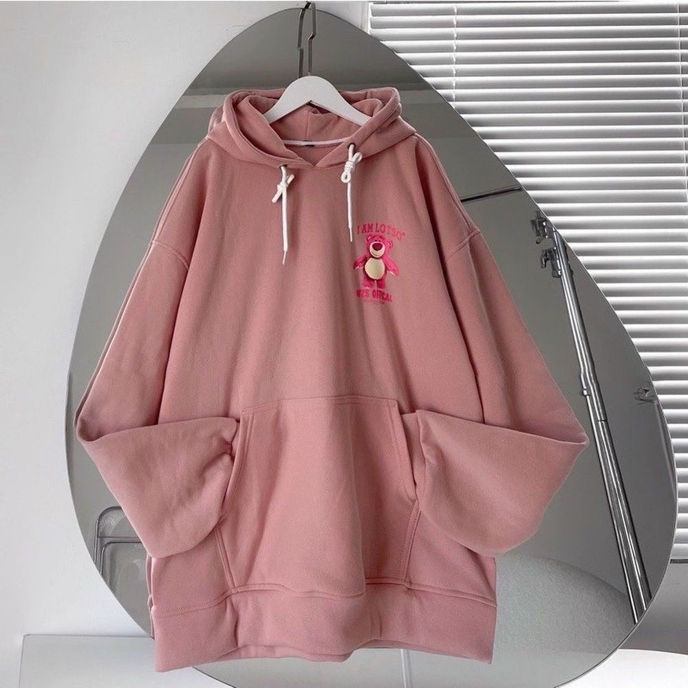 Áo hoodie form rộng hình Gấu Losto Hồng cực xinh chất nỉ bông dày dặn mịn.