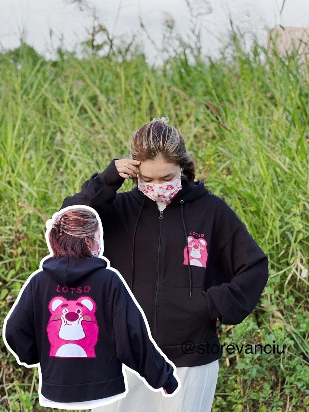 Áo khoác nỉ ngoại dày dặn in Gấu LOTSO form thoải mái, tay phồng có dây kéo khóa tiện lợi, mũ áo 2 lớp.