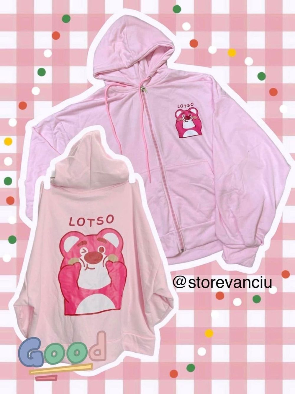 Áo khoác nỉ ngoại dày dặn in Gấu LOTSO form thoải mái, tay phồng có dây kéo khóa tiện lợi, mũ áo 2 lớp.