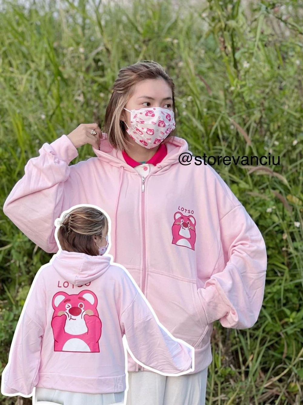 Áo khoác nỉ ngoại dày dặn in Gấu LOTSO form thoải mái, tay phồng có dây kéo khóa tiện lợi, mũ áo 2 lớp.