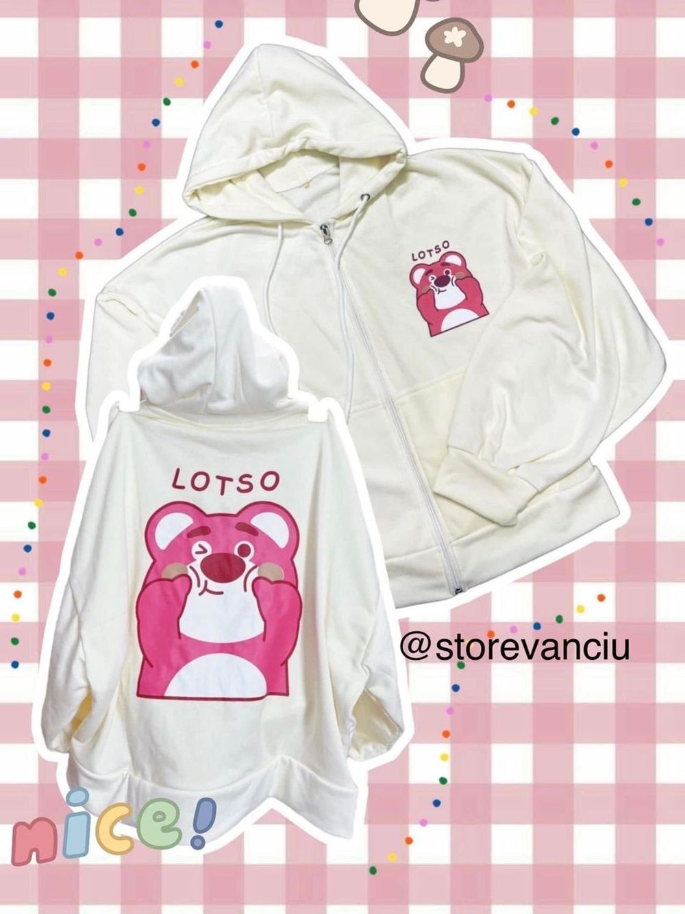 Áo khoác nỉ ngoại dày dặn in Gấu LOTSO form thoải mái, tay phồng có dây kéo khóa tiện lợi, mũ áo 2 lớp.