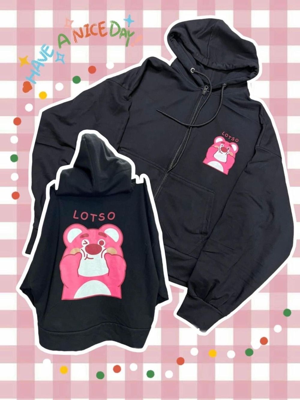 Áo khoác nỉ ngoại dày dặn in Gấu LOTSO form thoải mái, tay phồng có dây kéo khóa tiện lợi, mũ áo 2 lớp.