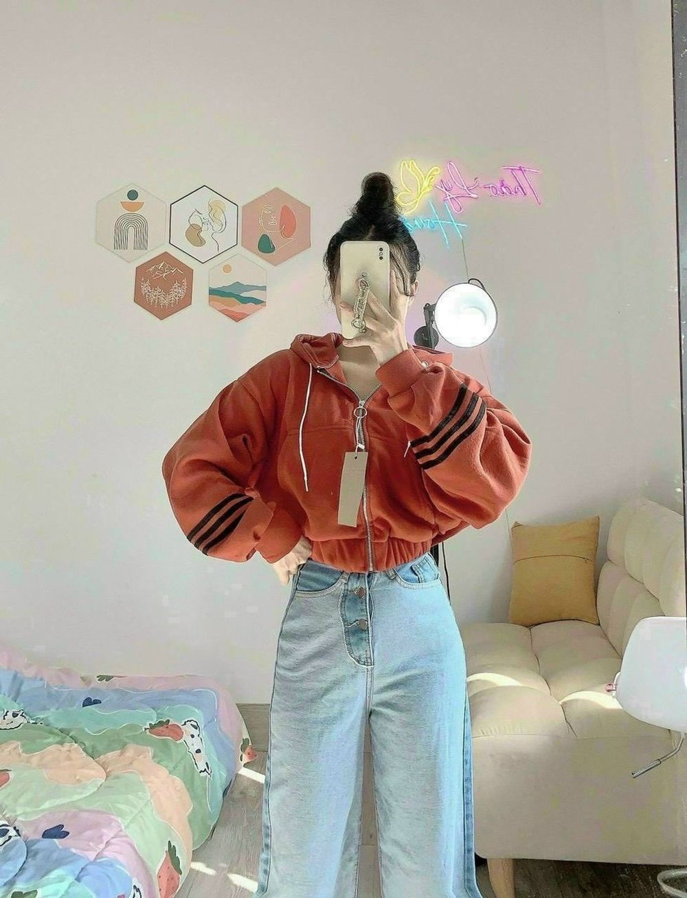 (ảnh thật)Áo Khoác form lửng crotop 3 sọc viền ở tay chất vải đẹp tay phồng dễ phối đồ thời trang