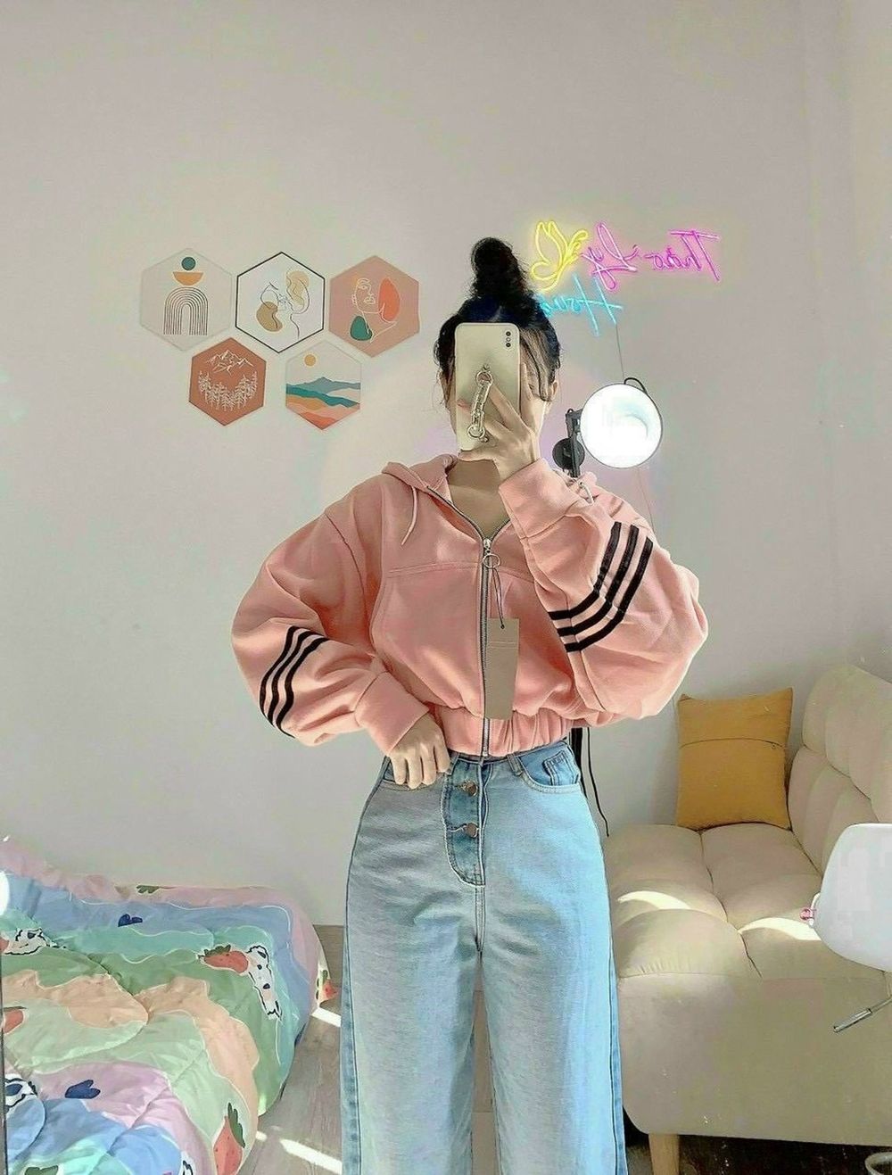 (ảnh thật)Áo Khoác form lửng crotop 3 sọc viền ở tay chất vải đẹp tay phồng dễ phối đồ thời trang