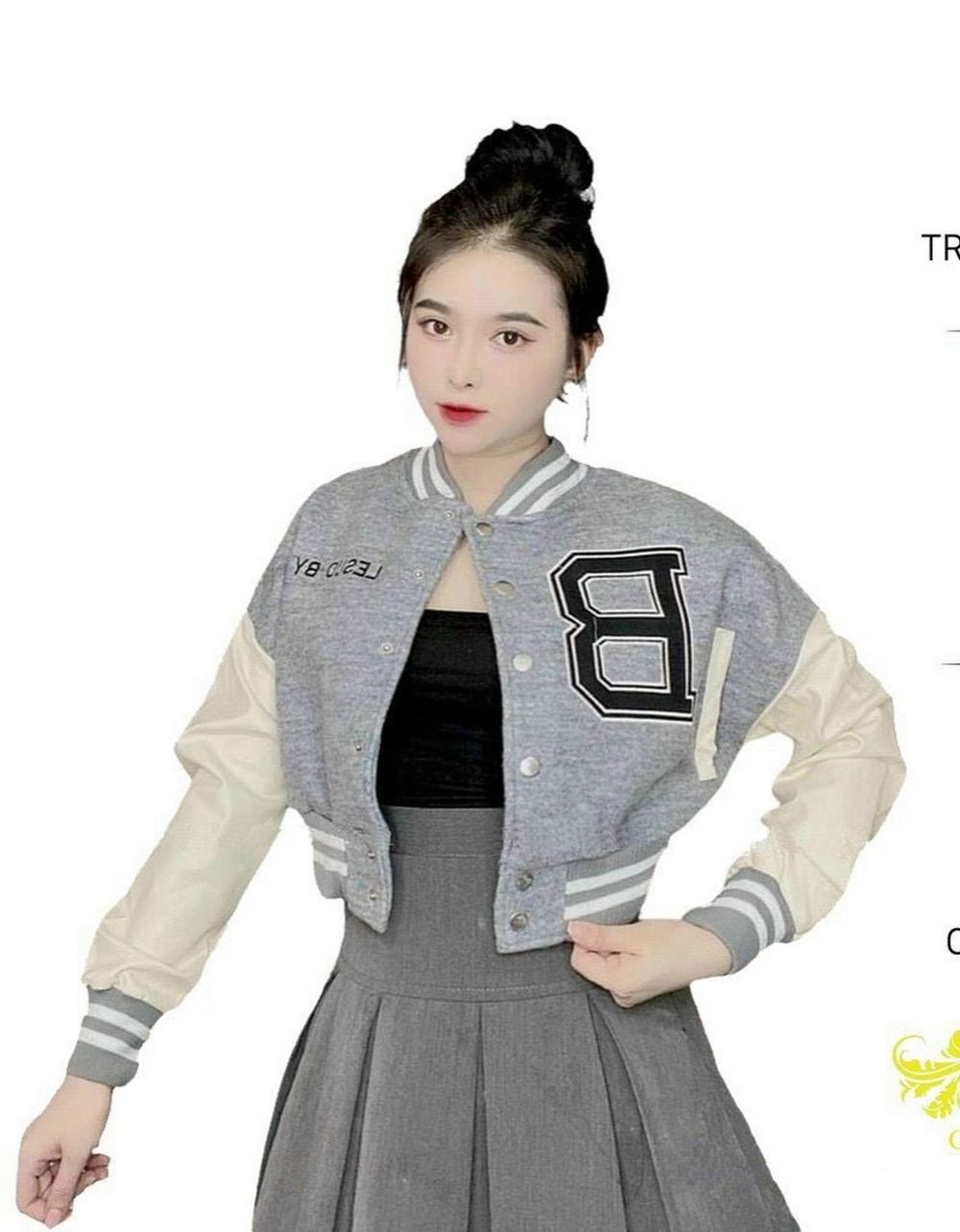 Áo khoác bomber croptop Chữ B nữ dáng lửng cánh dơi Phối tay trắng rộng bấm cúc sexy mẫu mới