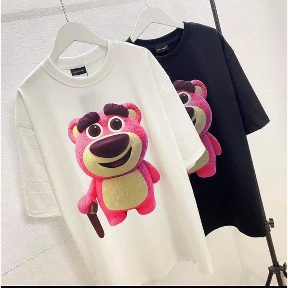 Áo thun gấu hồng otso mắt to thun Cotton 2 chiều mẫu Hot Vải Cotton Đen trắng gấu hồng