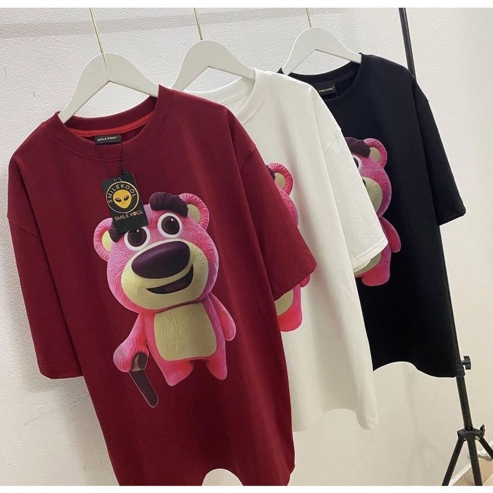 Áo thun gấu hồng otso mắt to thun Cotton 2 chiều mẫu Hot Vải Cotton Đen trắng gấu hồng