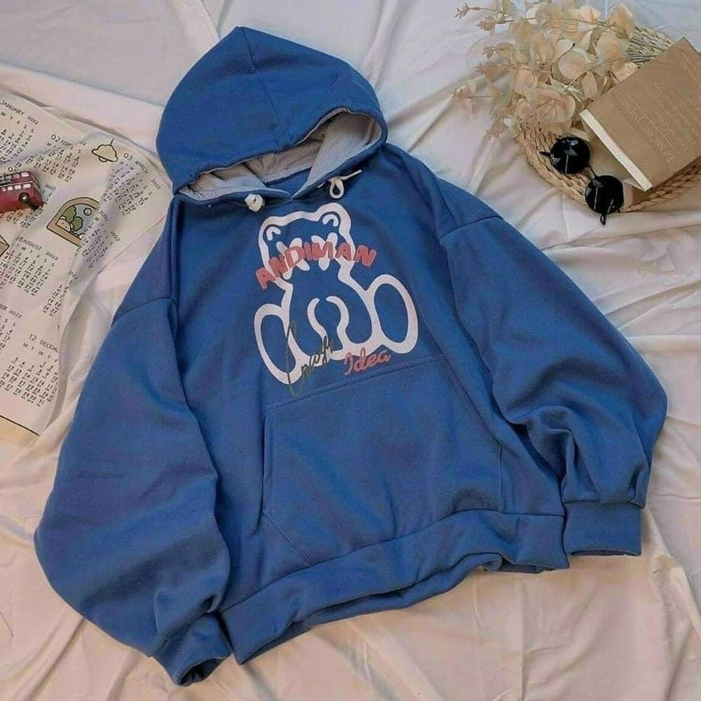 áo hoodie in andiman unisex tay phồng hình gấu siêu xinh.