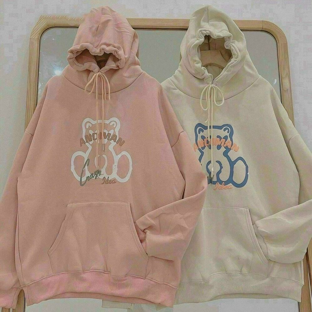 áo hoodie in andiman unisex tay phồng hình gấu siêu xinh.