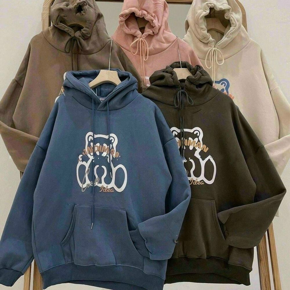 áo hoodie in andiman unisex tay phồng hình gấu siêu xinh.