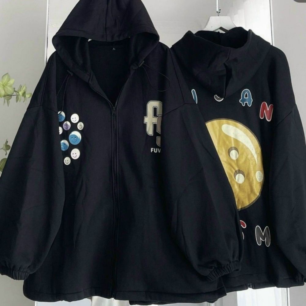 Áo khoác tay dài form cánh dơi in chữ FY Mặt cười Bự form rộng nón 2 lớp bự Siêu Xinh.