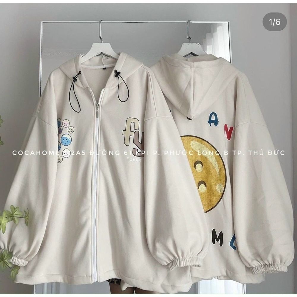 Áo khoác tay dài form cánh dơi in chữ FY Mặt cười Bự form rộng nón 2 lớp bự Siêu Xinh.