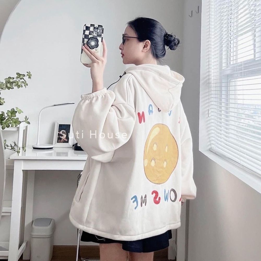 Áo khoác tay dài form cánh dơi in chữ FY Mặt cười Bự form rộng nón 2 lớp bự Siêu Xinh.