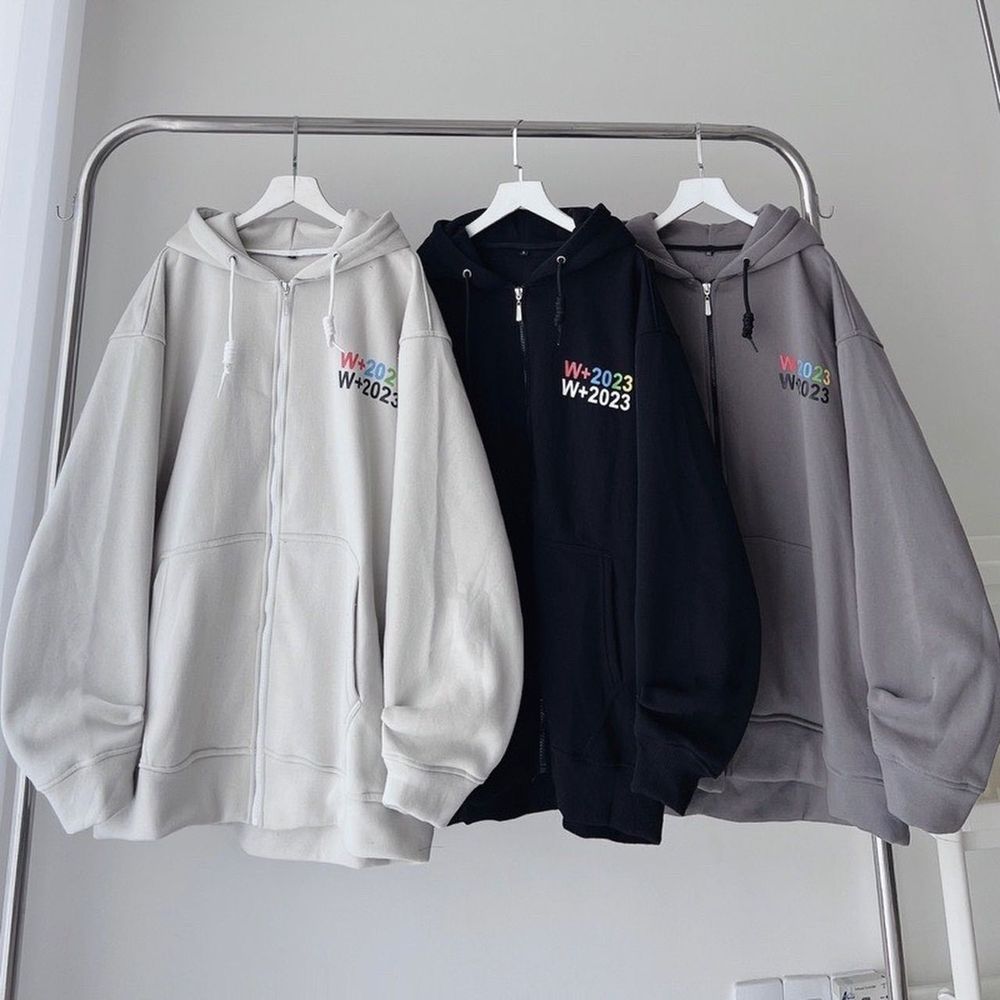 Áo khoác hoodie zip WZS 2023 vải nỉ lót bông form rộng unisex nam nữ