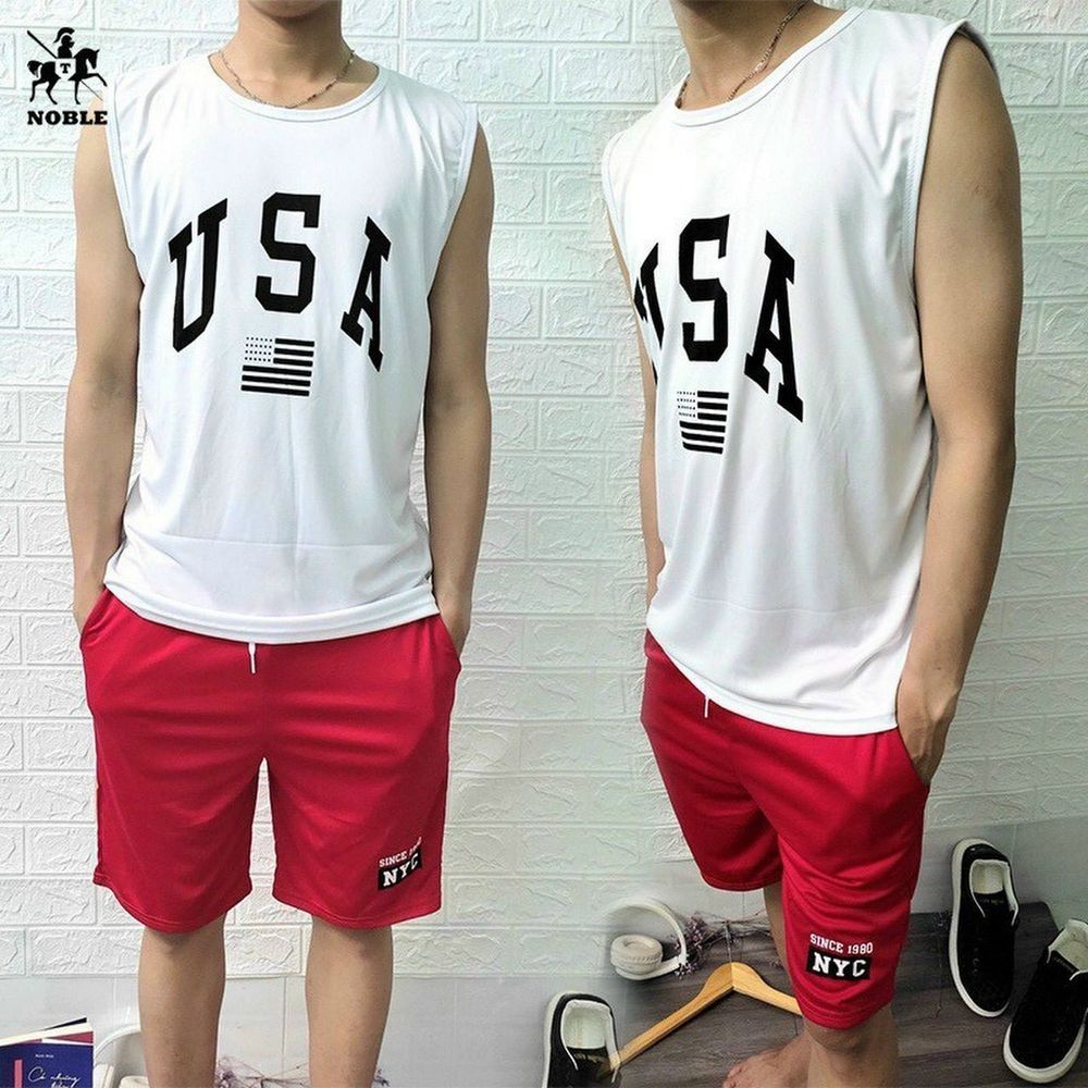 Bộ thể thao unisex nam tập gym, mặc nhà mát mẻ cotton thoáng mát in USA