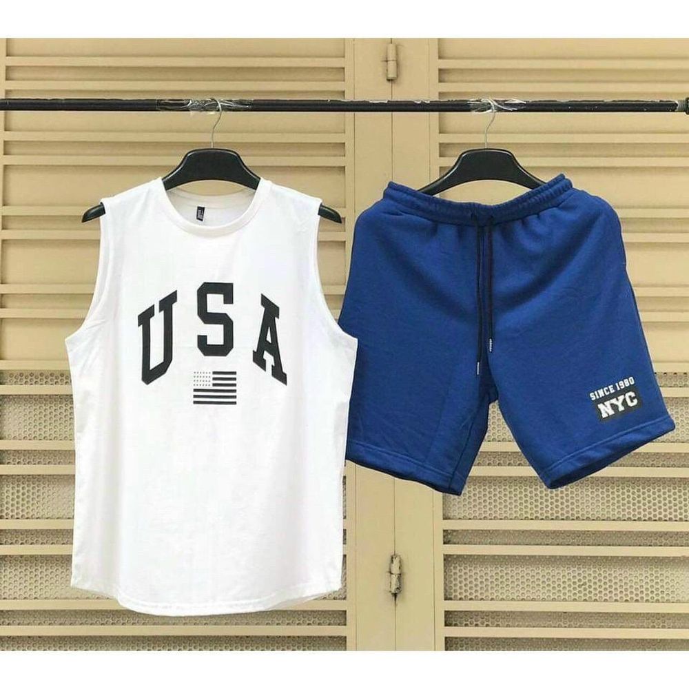 Bộ thể thao unisex nam tập gym, mặc nhà mát mẻ cotton thoáng mát in USA
