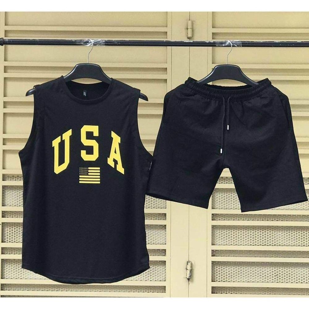 Bộ thể thao unisex nam tập gym, mặc nhà mát mẻ cotton thoáng mát in USA