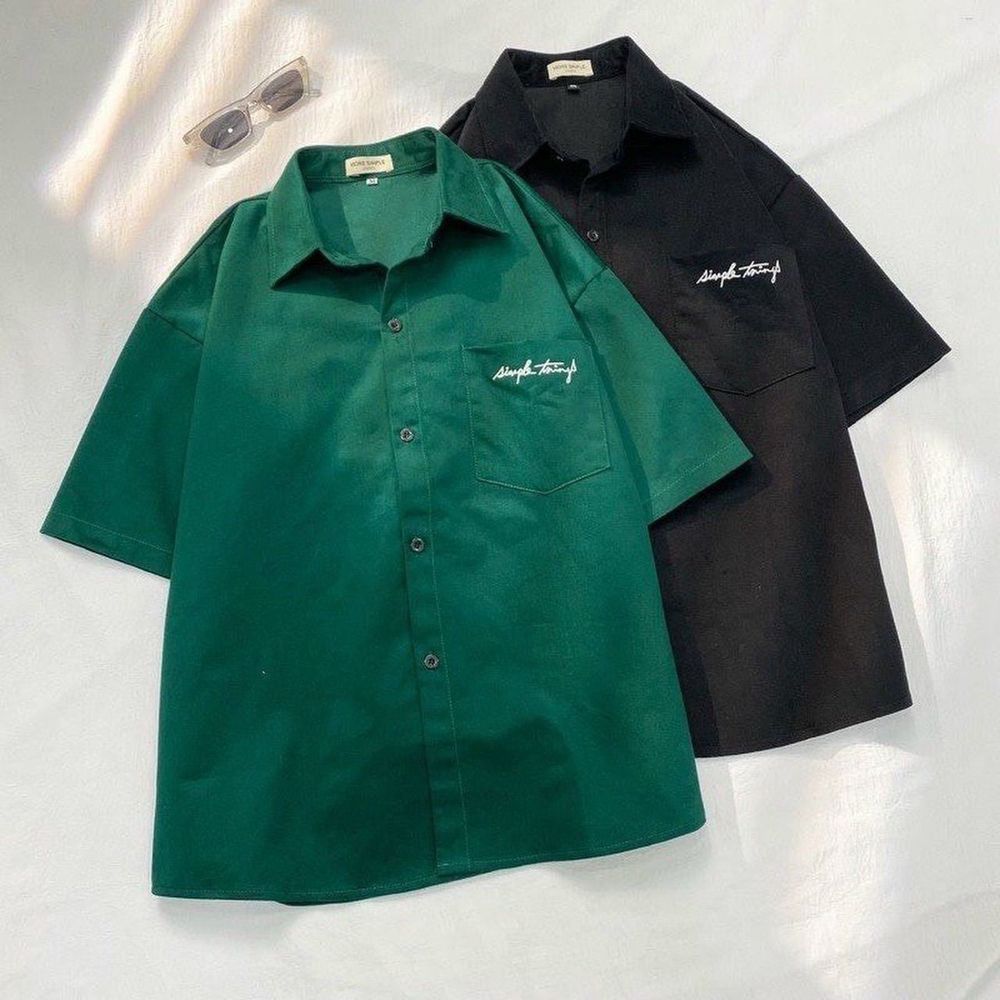 Áo sơ mi nam nữ unisex ngắn tay logo thêu PROMISE chất da lộn mịn đẹp có túi trước ngực