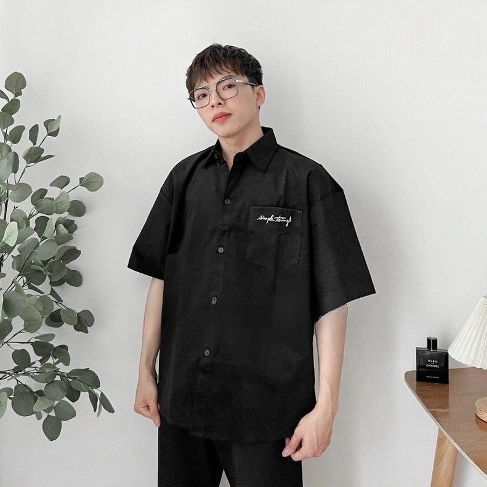 Áo sơ mi nam nữ unisex ngắn tay logo thêu PROMISE chất da lộn mịn đẹp có túi trước ngực