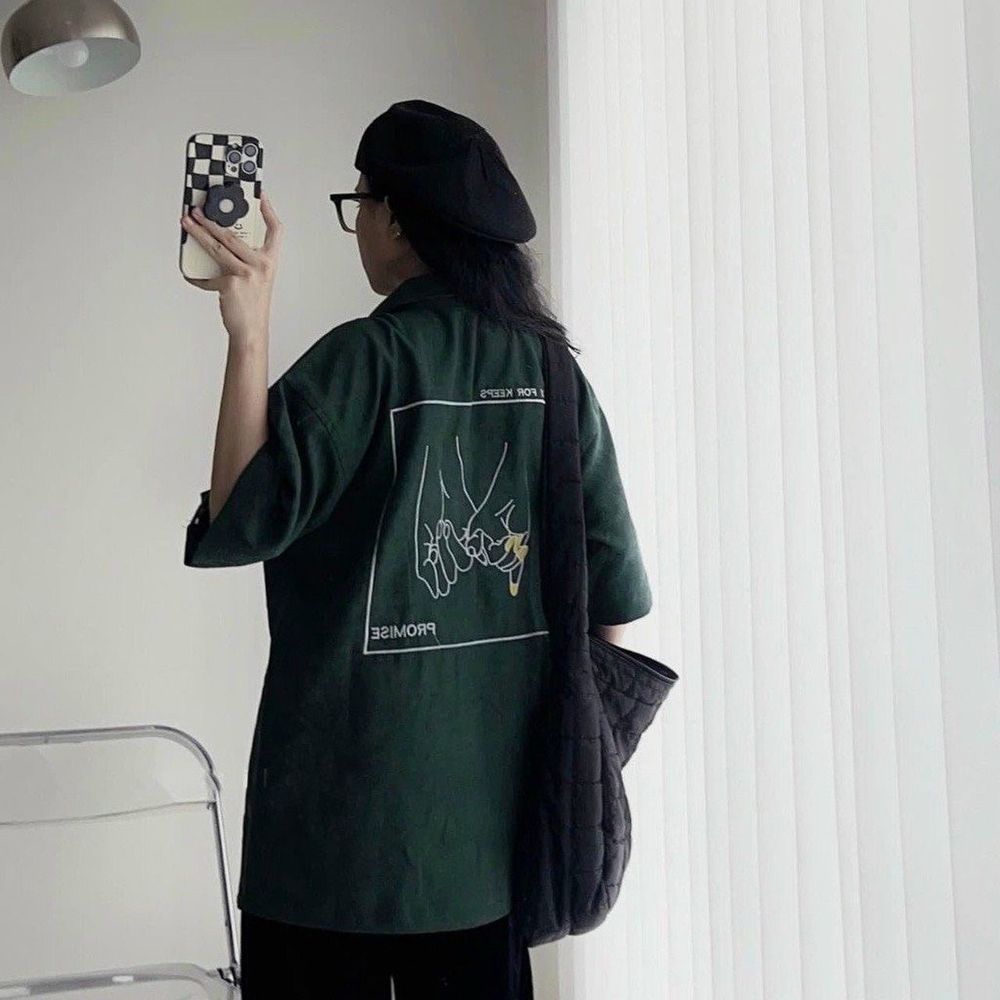 Áo sơ mi nam nữ unisex ngắn tay logo thêu PROMISE chất da lộn mịn đẹp có túi trước ngực