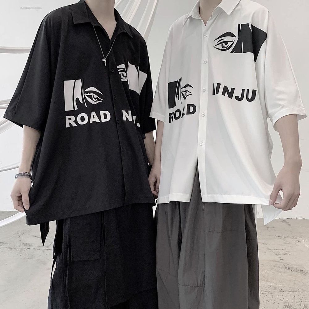 Áo sơ mi lụa nam nữ form rộng tay lở in con mắt NinJA.